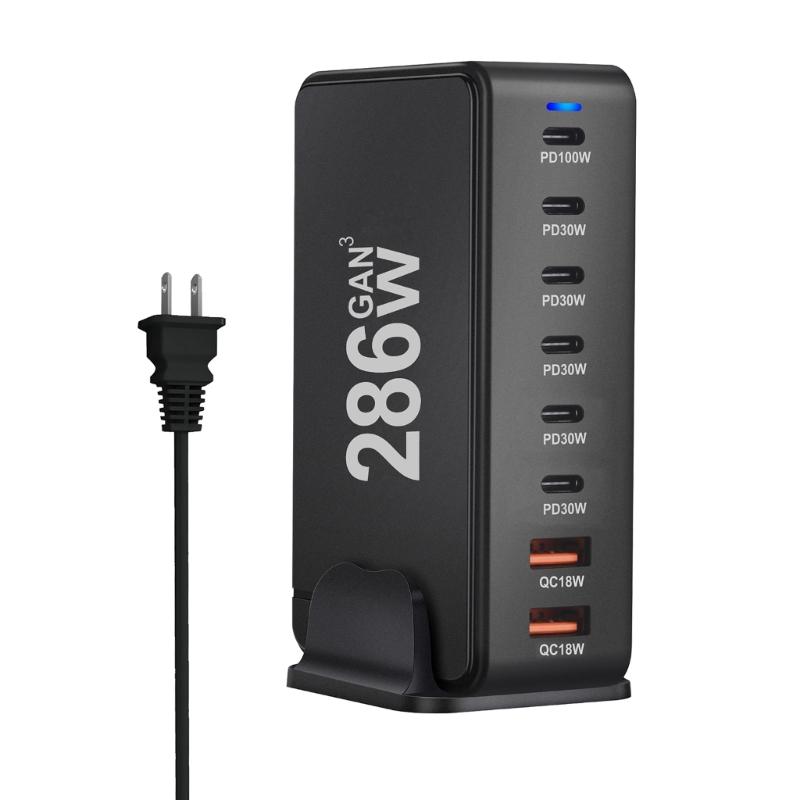 Многопортовая зарядная станция с выходной мощностью 286 Вт, 6 USB C и 2 USB-слота, настольный держатель-подставка для зарядки планшетов и телефонов