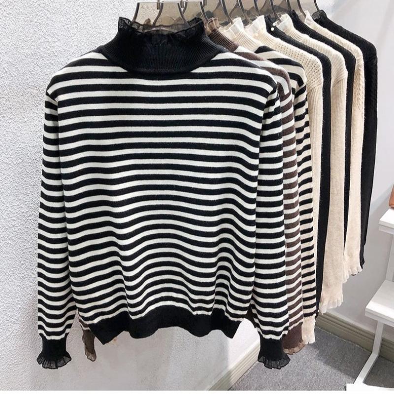 Модные облегающие свитера с высоким воротником и половинной длиной для женщин, осень-зима, полосатые, с длинным рукавом, вязаные топы, женские теплые джемперы 24873
