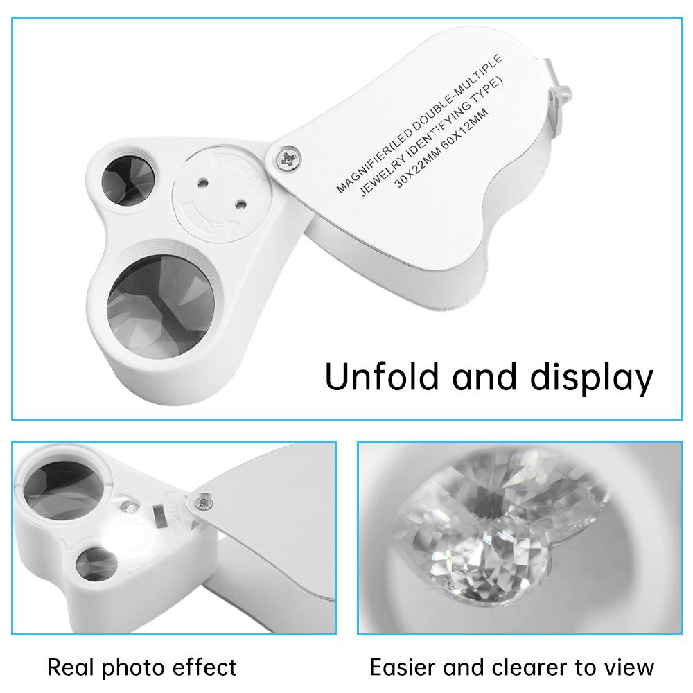 30X 60X Illuminated Jewelers Loupe Magnifier Foldable Magnifier With Bright LED Light For Gem Jewelry Stamp Measuring Tool