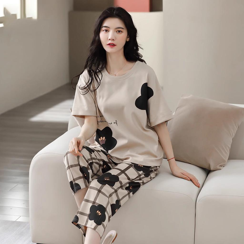 Lounge Sleepwear O-Neck Sleeping Breathable Girls Summer Cartoon Print T-shirt Crop Pants Set Daily Wear