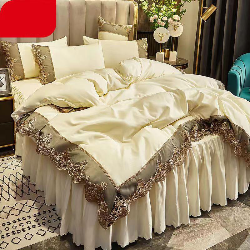 Размер King Size/Queen Size/Twin Size Кружевная простыня Пододеяльник Наволочка Комплект из четырех предметов Утолщение Спальня Простое постельное белье Высокое качество
