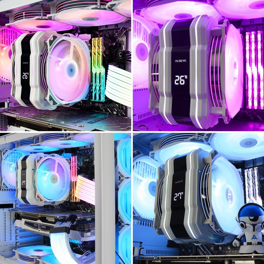 Воздушный кулер для процессора ALSEYE M120DPlus с индикацией температуры поставляется с двумя ARGB PWM 120-мм вентиляторами и поддерживает Intel
