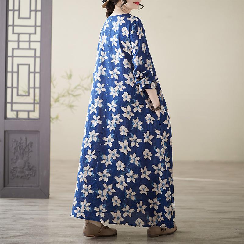 Весеннее литературное платье больших размеров с принтом, круглым вырезом и длинными рукавами для женщин