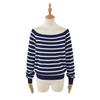 Dark Blue Striped One-Shoulder Boat Neck Knit Sweater