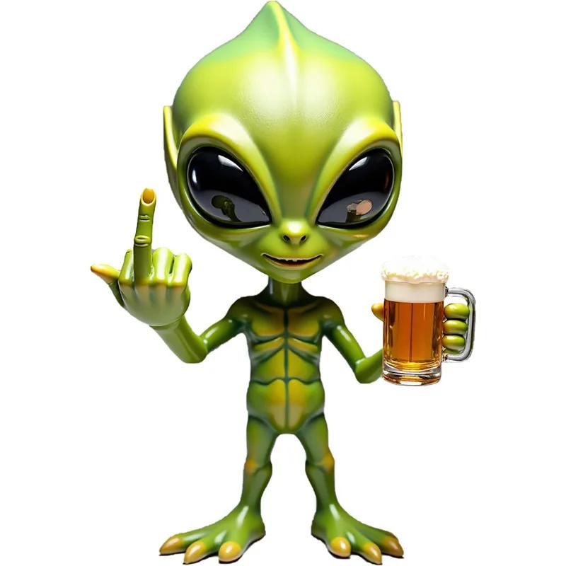 1Pc Funny Alien Statue Sculpture - Resin Beer Drinking Alien Resin Vivid Expression Waterproof For Garden Middle Finger Alien