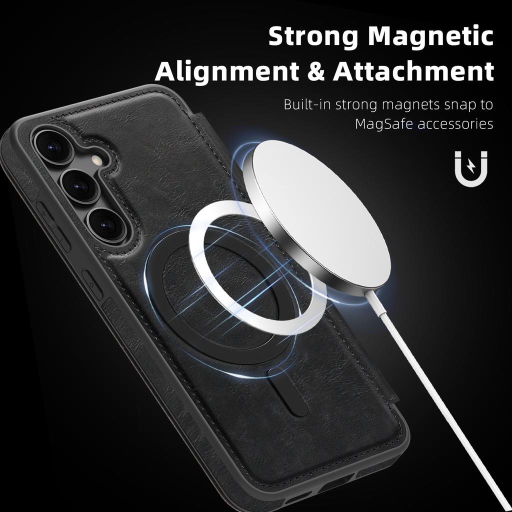 For Samsung Galaxy S24+ Case Compatible with MagSafe RFID Blocking Card Holder Leather Phone Cover