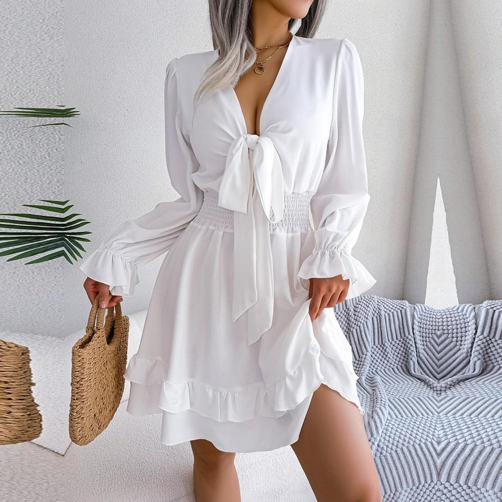 Женское весенне-летнее сплошное цветное платье на шнуровке с высокой талией и деревянным краем уха, большое распашное платье