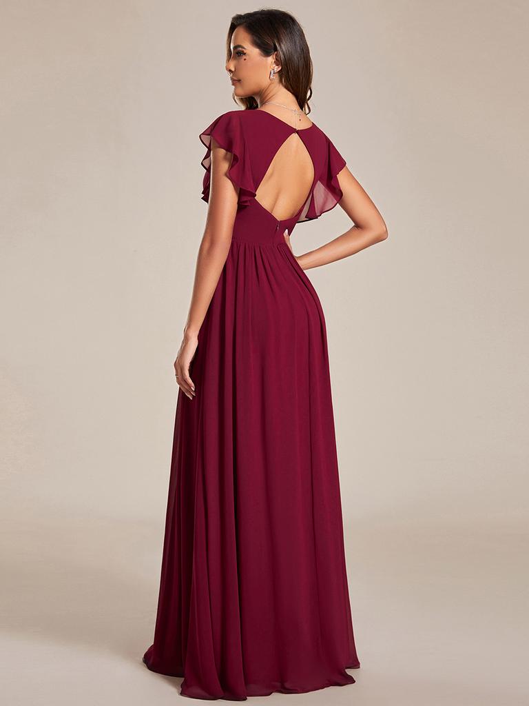 Ever-Pretty Women's A-Line V Neck Pleated Belted Ruffles Sleeves Open Back High Waist Bridesmaid Dresses