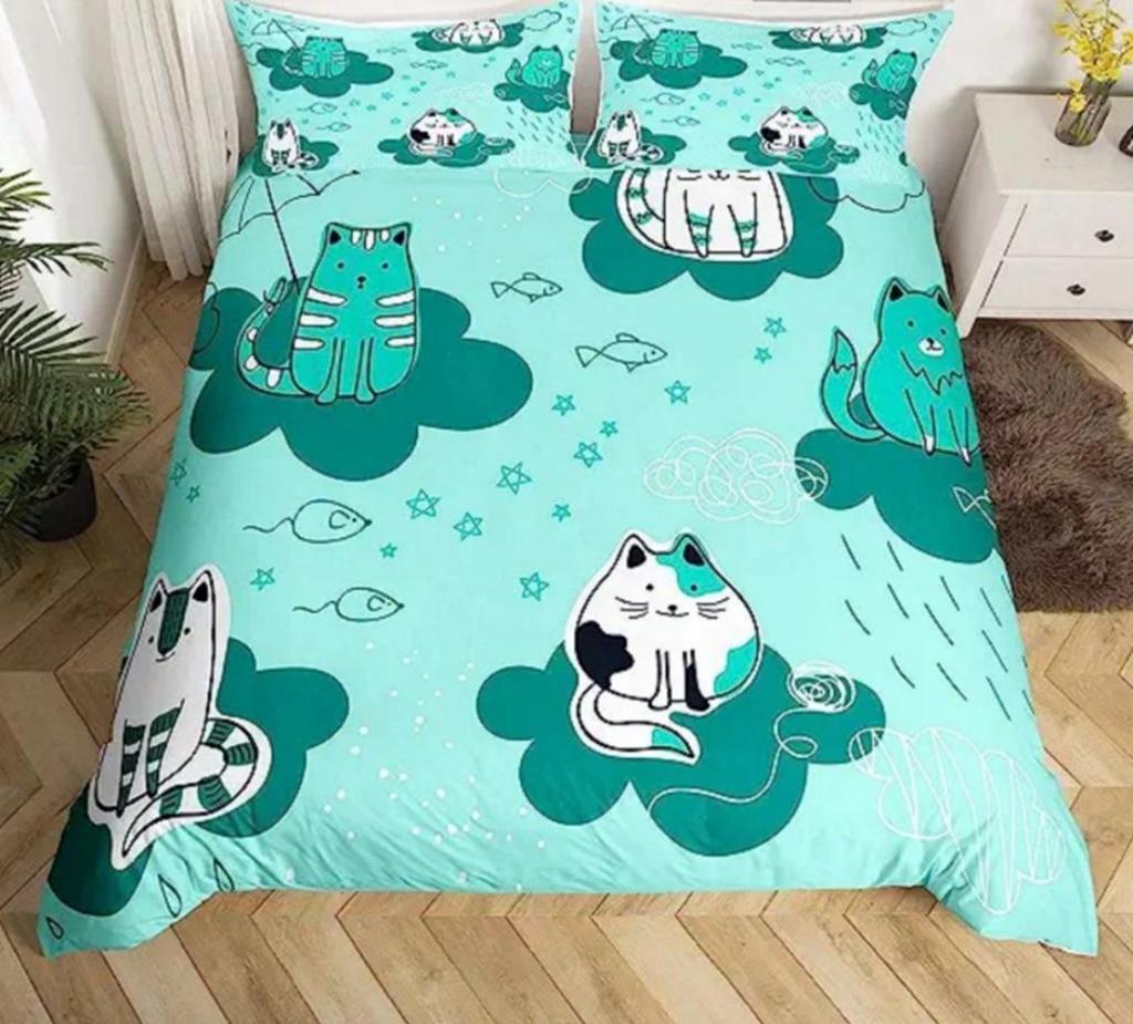 Мультяшный набор пододеяльников с кошкой, размер Queen King, милый принт с животными, постельное белье, подходит для декора комнаты мальчиков и девочек, подарок, набор из 3 предметов