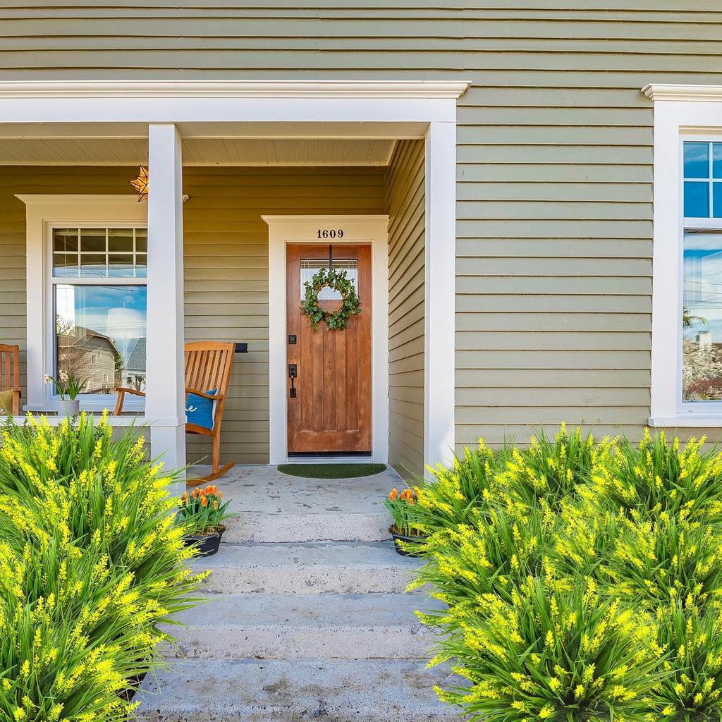 1 пучок искусственных растений для улицы, искусственные цветы лаванды, искусственная обезьянья трава, устойчивый к УФ-лучам пластик, зеленые растения для сада, дома, крыльца, окна, патио