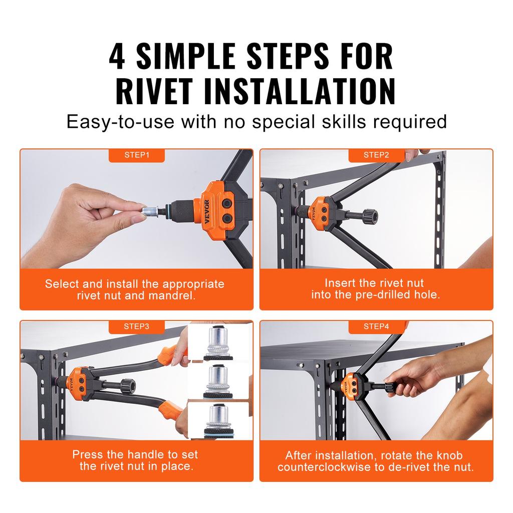 VEVOR Rivet Nut Tool, 40.6 cm Rivnut Tool Kit with 13PCS Metric and SAE Mandrels, 186PCS Rivet Nuts, M3, M4, 10-24, M5, M6, 1/4-20, 8-32, 5/16-18, M8