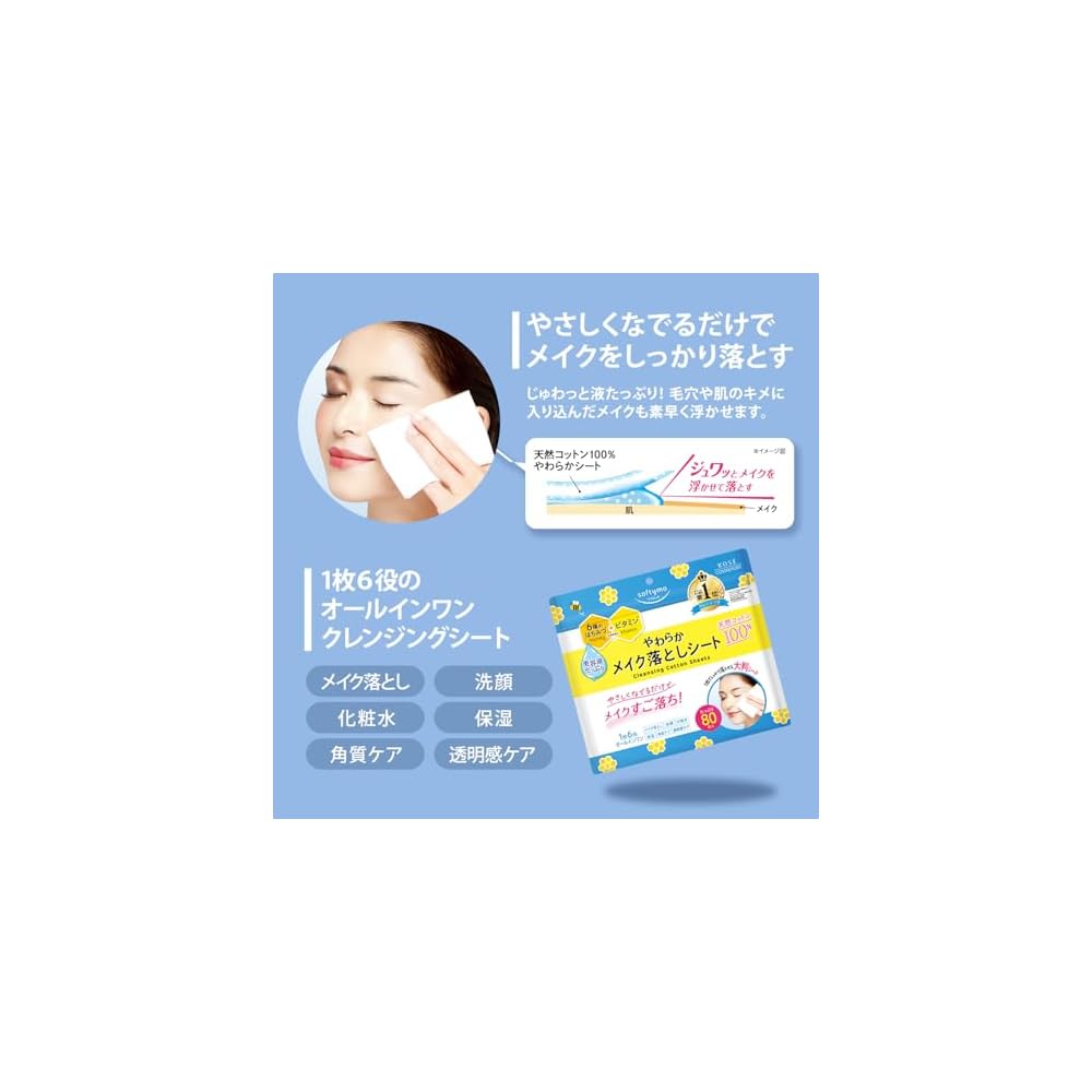 Softymo KOSE Cleansing Natural Cotton Sheets, Large Size, 80 Sheets, Cleansing Sheets for Pore