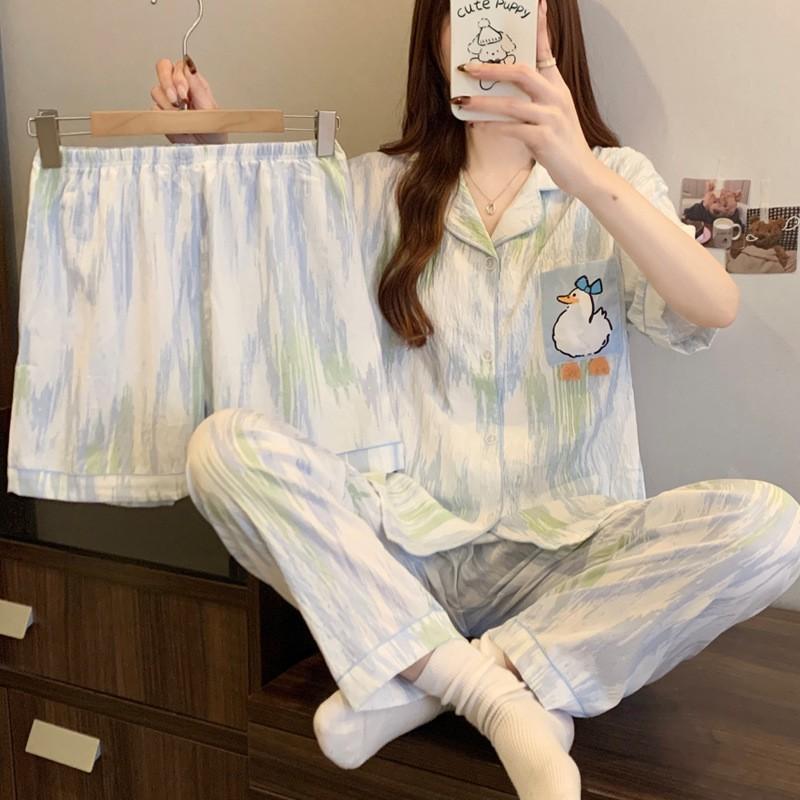 Womens Cloud Cotton Pajama Set Short Sleeve Bow Loose Loungewear 3pcs