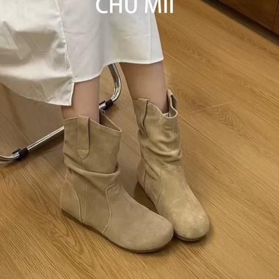 Версия из мягкой кожи~ женские короткие ботинки в стиле ретро, ковбойские сапоги в западном стиле, новинка осени 2025 года, плиссированные ботинки-чулки, тонкие ботинки челси