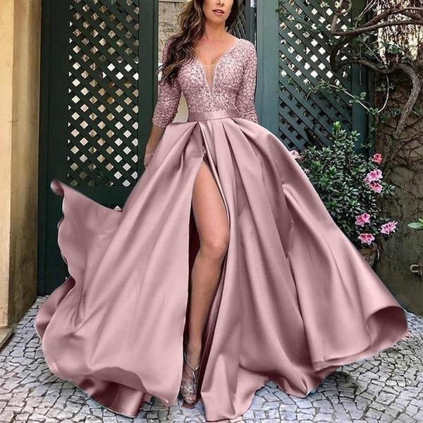 Women's Fashion Deep V-neck Long-sleeved Lace A-line Skirt Dress Hem Formal Evening Dress Dress Bronzing Big Swing Sexy Long Skirt