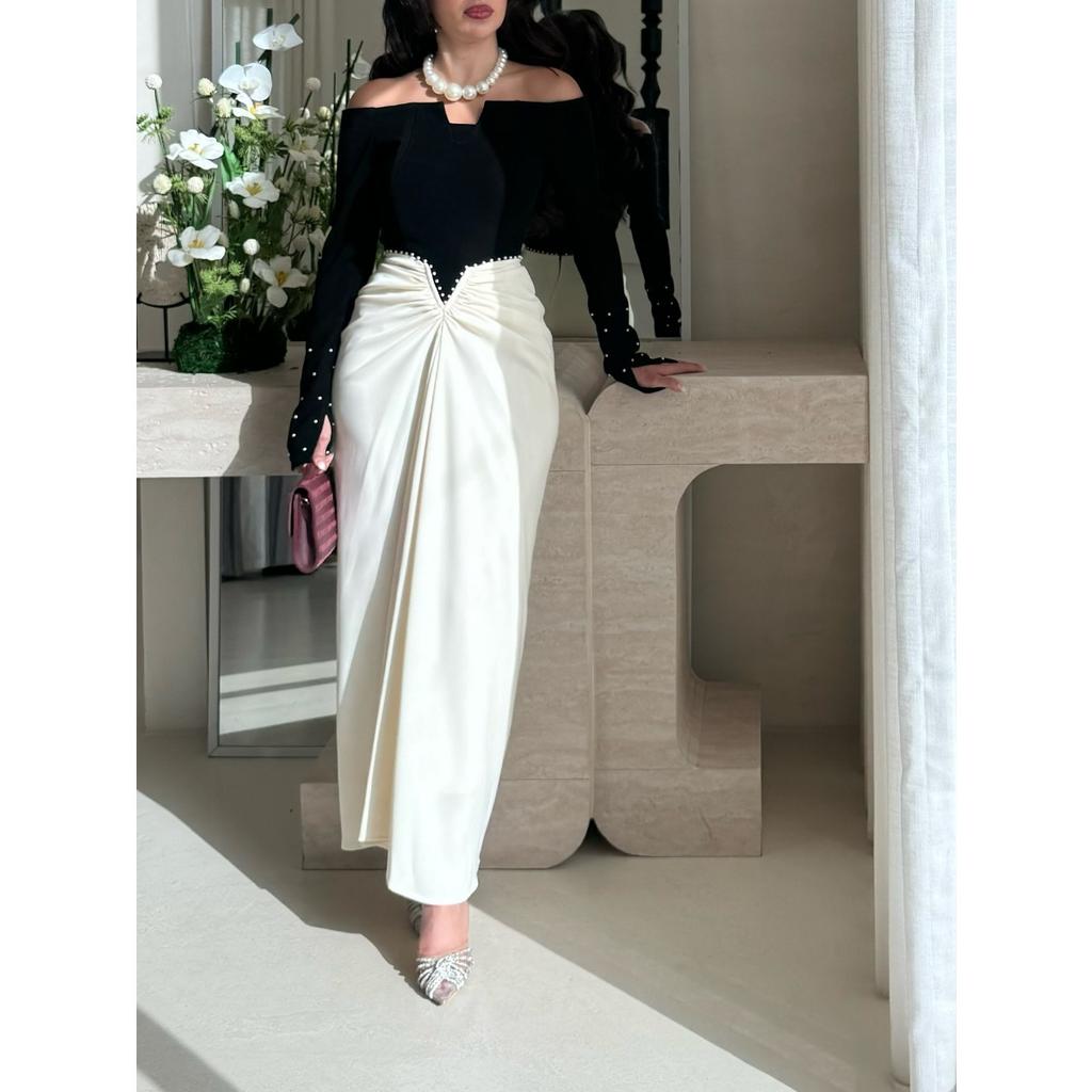 Fall Winter Elegant Color-block Pearl Bodycon Evening Dress for Women, European American Style Party Gown for Crossborder Dropshipping