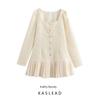 Kaslead New Arrival Women's Clothing Fashion Style Fashion Minimalist French Square Collar Elegant Pleated Patchwork Dress