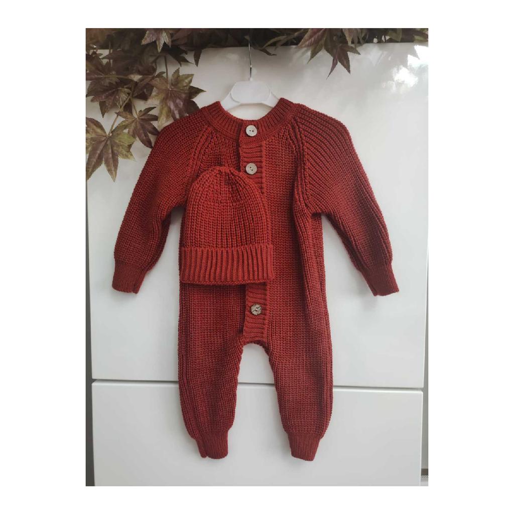 Buttoned Beige Thessaloniki Knitted Knitted Baby Jumpsuit With Hat