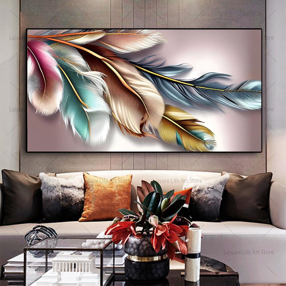 Абстрактные красочные перья, холст, живопись, настенное искусство, современное золотое перо, художественные работы, постеры и принты для декора стен гостиной