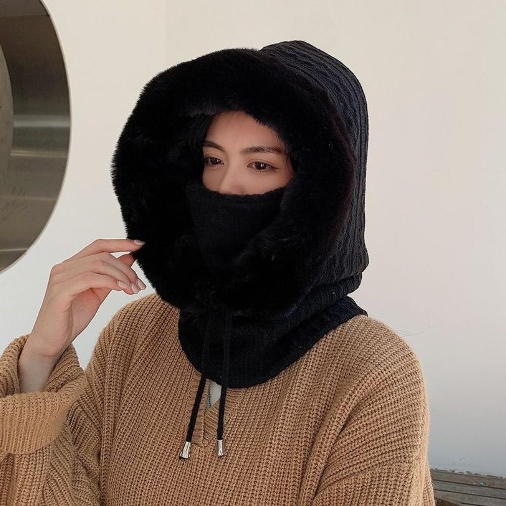 Plush Lining Winter Balaclava Ear Protection Warm Neck Hood Knitted Beanies Hat for Men Women