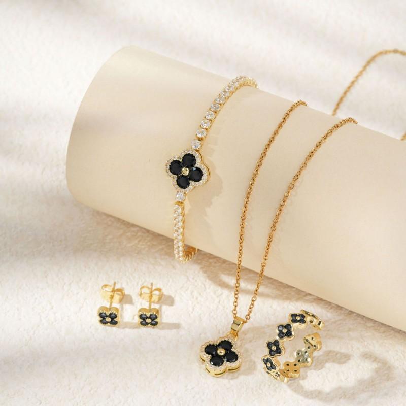 Elegant Four-Leaf Clover Floral Rhinestone Jewelry Set Women Earrings Necklace Bracelet Ring Chic Fashion Accessory