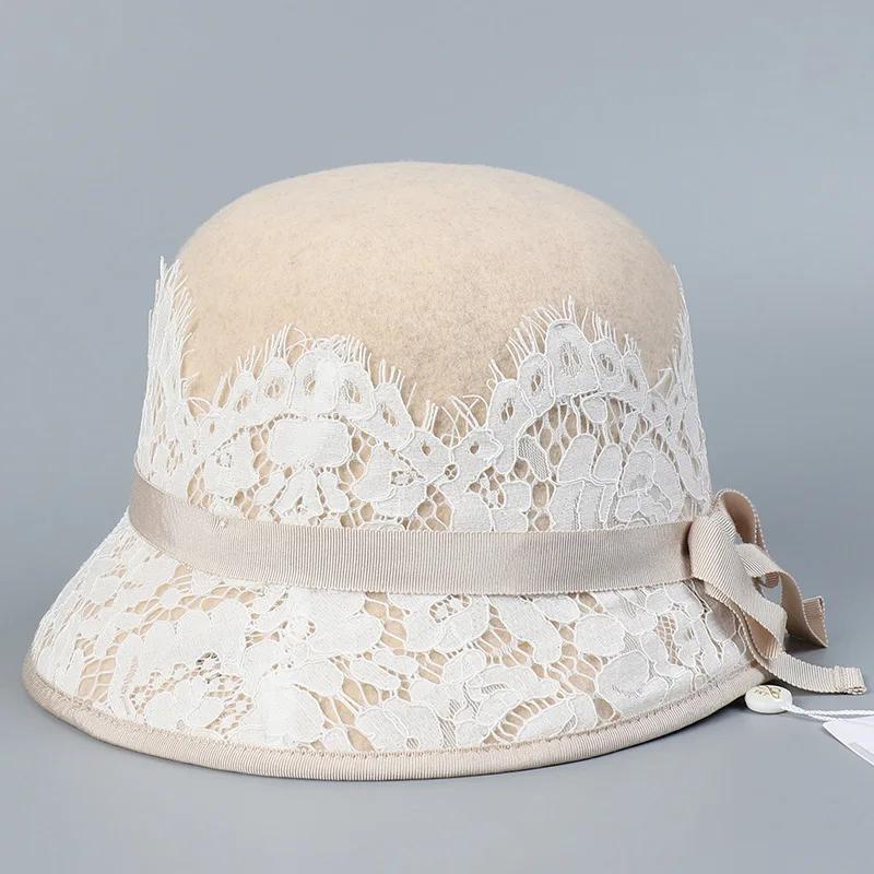 Французская модная шляпа-цилиндр из кружевной шерсти для светской львицы, элегантная шляпа для леди в стиле ретро, молочно-белого цвета, теплая шляпа для рыбалки