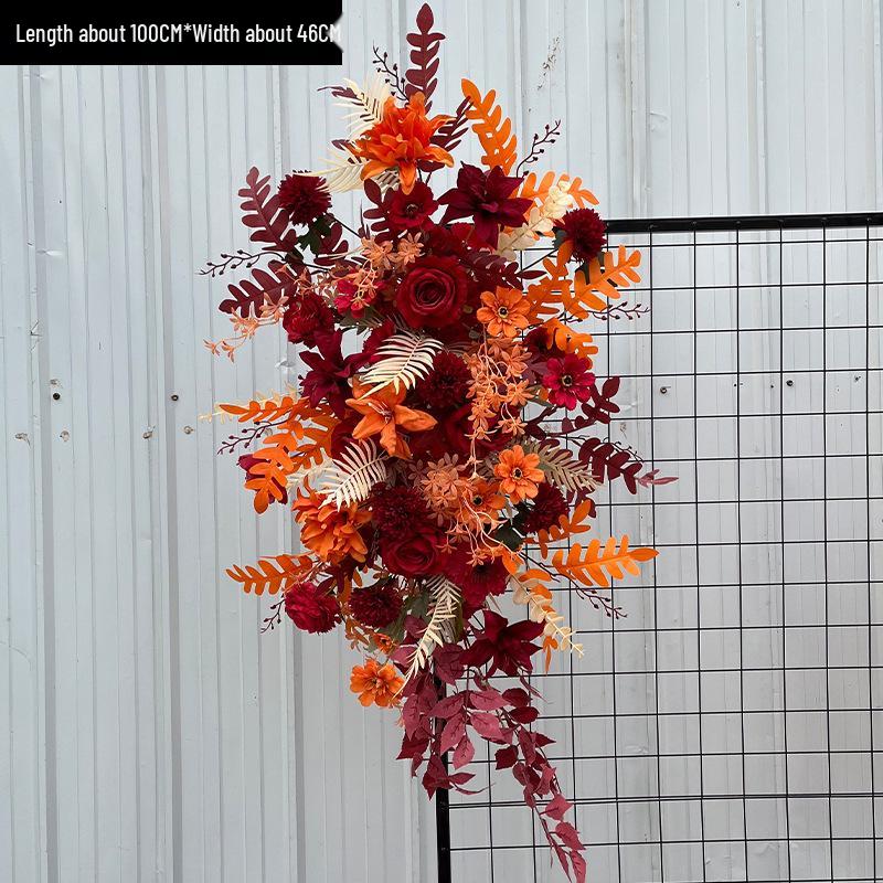 Red Floral Wedding Stage Backdrop with Artificial Flower Rows