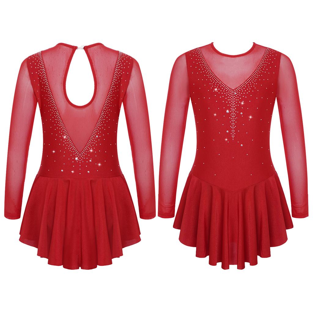Kids Girls Stylish Dress Long Sleeve Sparkly Rhinestone Patchwork Style Gymnastics Leotard Dress Dancewear