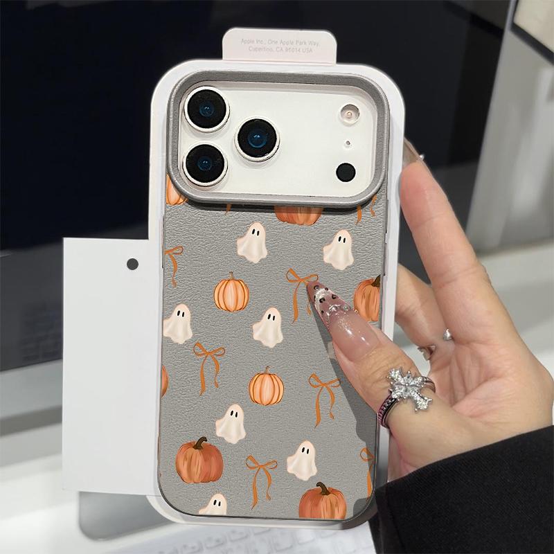 Чехол Тыквенный Фонарь Призрак Хэллоуин для iPhone 18 Pro Max Кожаная Текстура Мягкий Силиконовый Чехол для iPhone 17 16 15 14 13 Pro Max 17E 16E