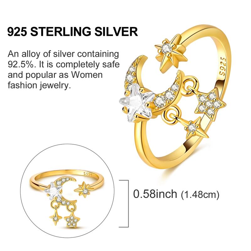 Ring 925 Sterling Silver Sparkling Gold Heart Star Moon Chain Ring For Women Man Girl Wedding Anniversary Part Ring Jewelry Gift