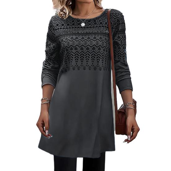 Женское платье, удобное стильное элегантное повседневное короткое платье с длинным рукавом и круглым вырезом с принтом для повседневной носки