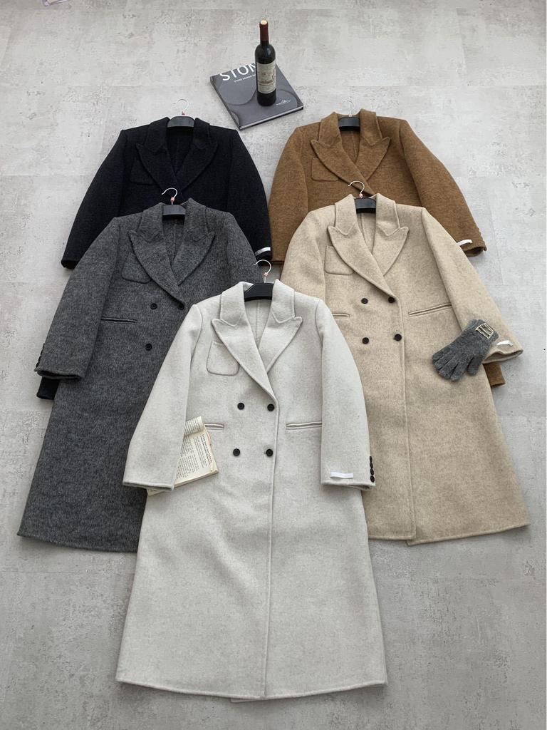 Женское городское пальто из шерсти в корейском стиле - Длинное, с прямыми плечами и лацканами пиджачного типа