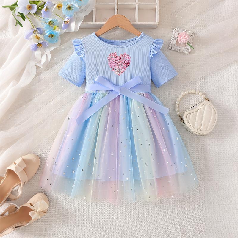 Girls Star Tulle Dress,Pink bow print, Cute Princess Party Dress with Bow, Short Sleeve Summer Dress for Little Girls