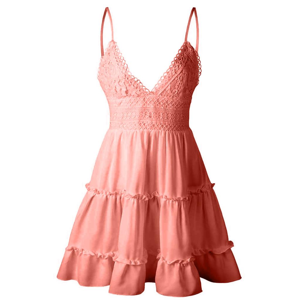 Women's Fashion Summer Sleeveless Deep V-Neck Sexy Lace Splice Dress