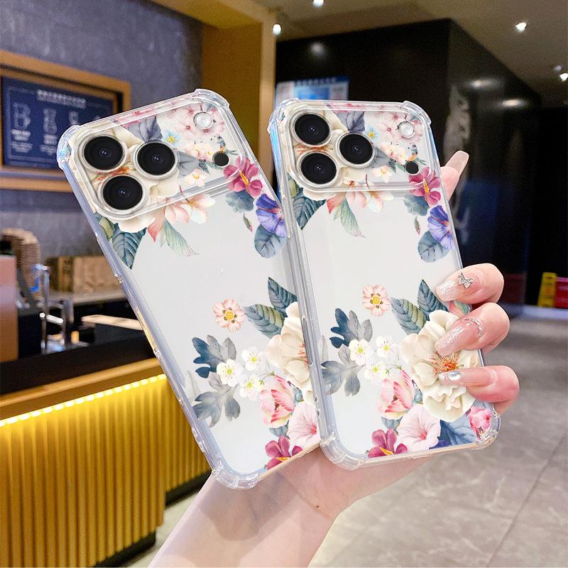 Korean fresh watercolor flower Apple 17 mobile phone case four corners anti-drop transparent case iP12pm e-commerce explosion
