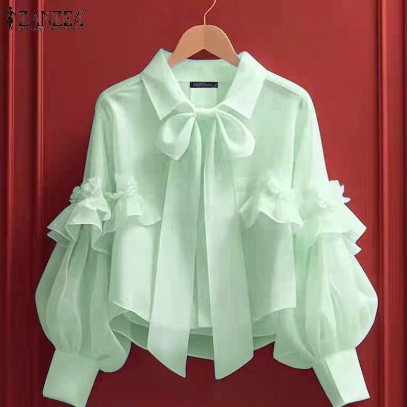 ZANZEA Women Casual Shirt Collar Long Sleeve Tie Shirts