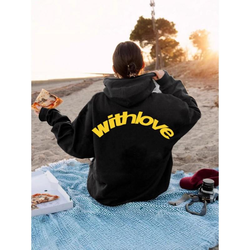 Womens Oversized Hooded Sweatshirt With Bold Letter Print Streetwear Long Sleeve Pullover Loose Fit Retro Style
