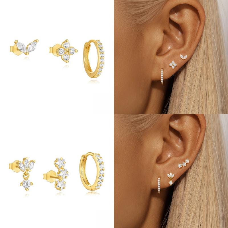 3 шт. Милые Серьги-гвоздики Цветок с Цирконами для Женщин 18K Позолоченные Звезда Серьга Пирсинг Набор для Девочки Ювелирный Подарок