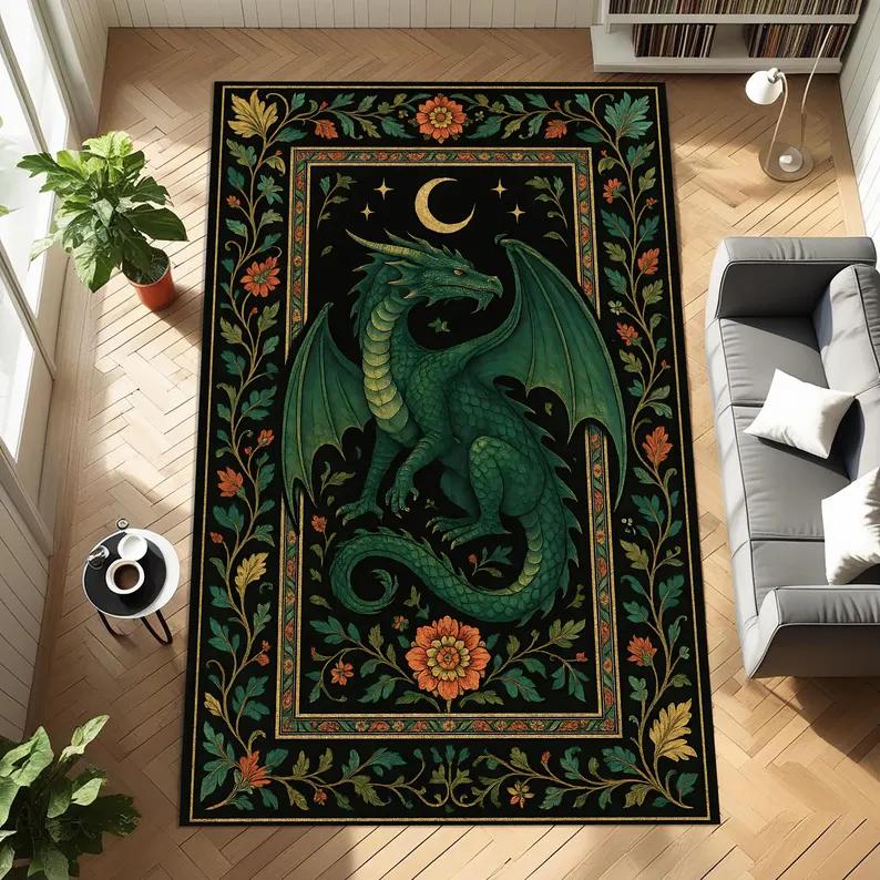 Mythical Dragon Design Carpet Folk Art Style Floor Rug For Aesthetic Home Decor Living Room Bedroom Coffee Table Mat