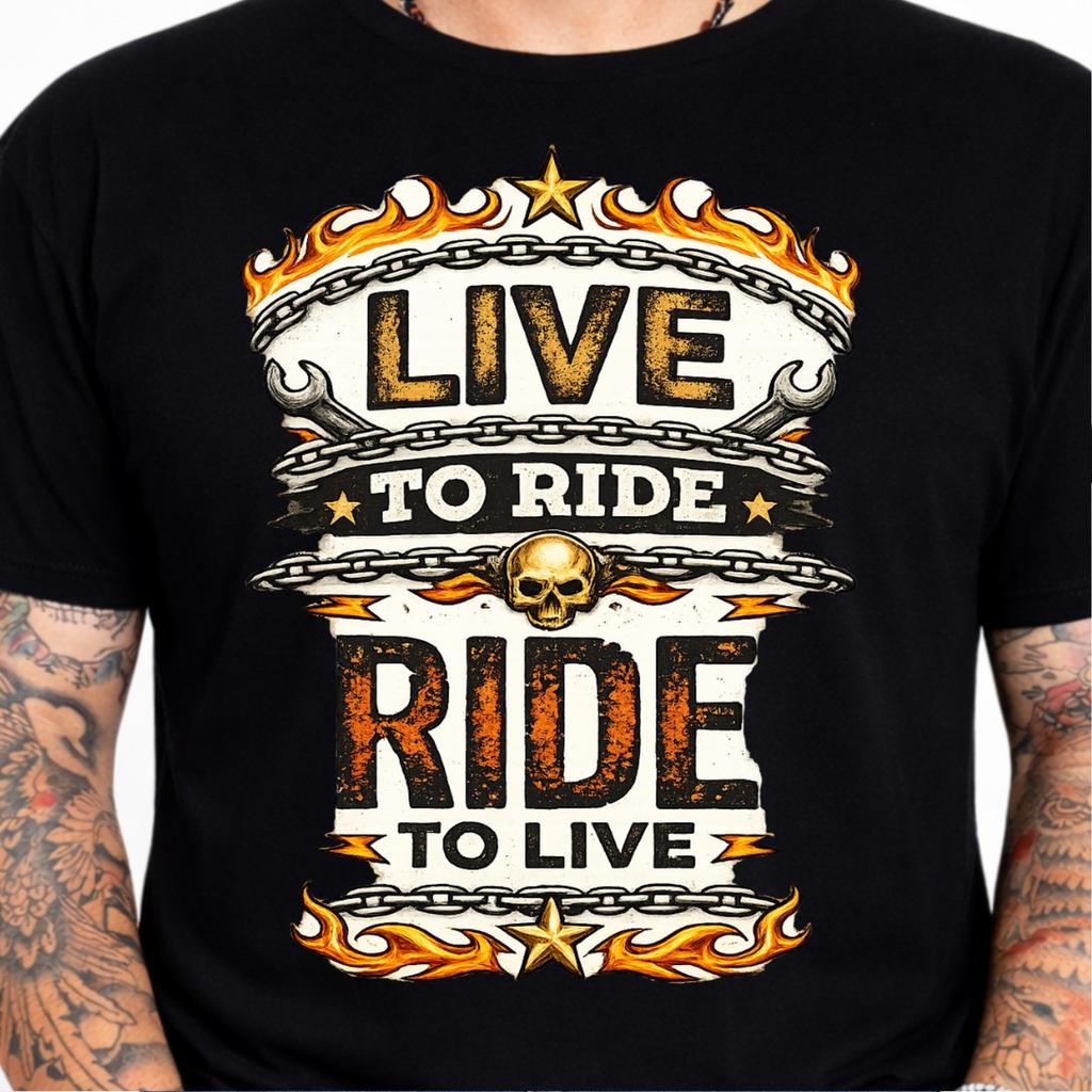 Live To Ride Ride To Live Skull Chains Flames Motorcycle Biker Slogan T-Shirt.