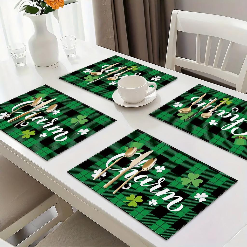 4/6/8pcs St. Patrick's Day Placemats with "Charm" Print, Buffalo Plaid Lucky Shamrock Table Mats, Blessed Holiday Table Decor for Indoor/Outdoor