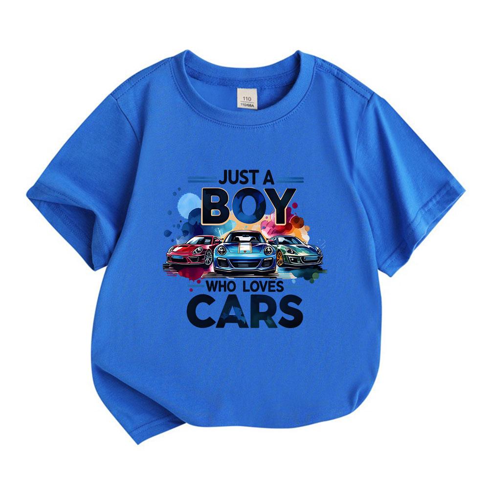 Cute Kids Boys Girls 100% Cotton Short Sleeve Crew Neck T-Shirt, Just A Boy Who Loves Cars Printed Casual Soft Tees For Children Racing Car Lover Gift