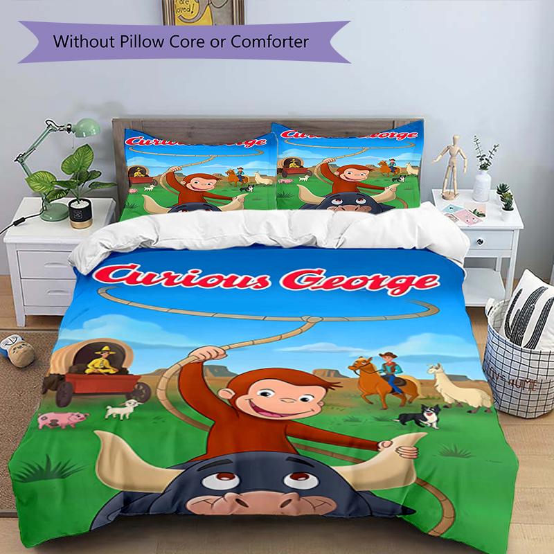 3pcs Curious George (2) Design Cover Set - HD Printed Bedding with 1 Cover and 2 Pillowcases - Perfect for Home and Dorm Decor