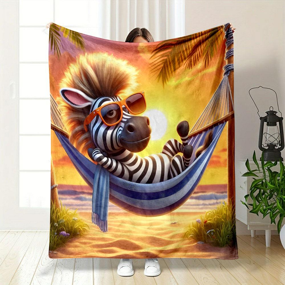 Cool Zebra Relaxing in Sunset Hammock Patterned blanket, flannel, suitable for all seasons, home decor, warm and cozy