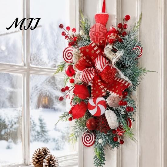 Bedroom Living Room Festive Decor Candy Cane Christmas Teardrop Swag, Red White Striped Peppermint Swag Durable Seasonal Wall Hanging Wreath for Front