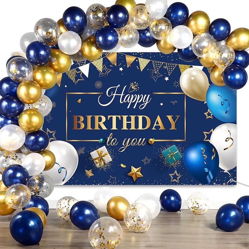 Navy Blue Birthday Confetti Balloons Kit Set 50 Pieces Photography Backdrop Banner Package for Boys Girls Men Women Birthday Party Decorations