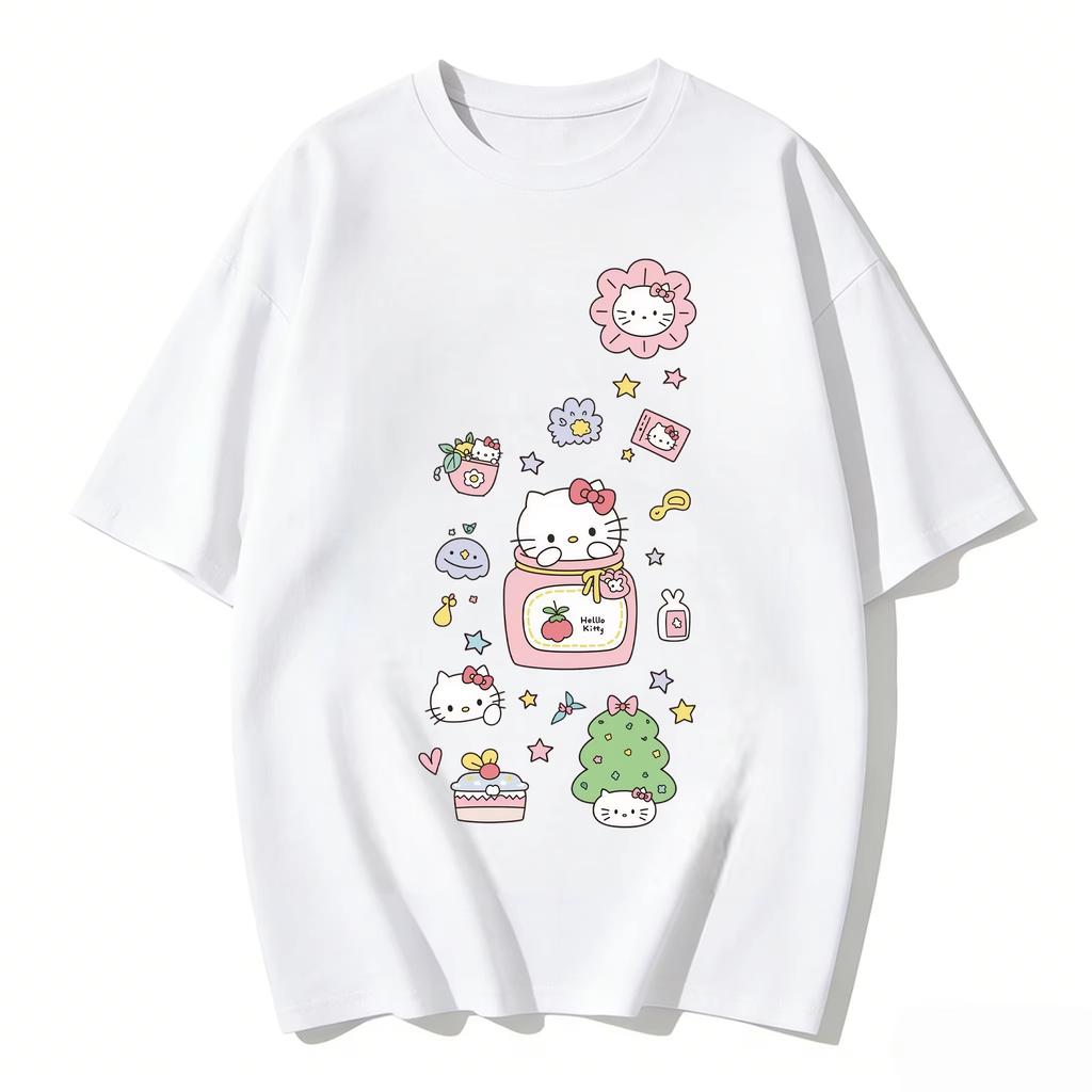 2026 новый летний милый графический топ HelloKitty повседневный хлопковый топ с коротким рукавом для женщин и девочек Каваи мультяшный принт Streetwear