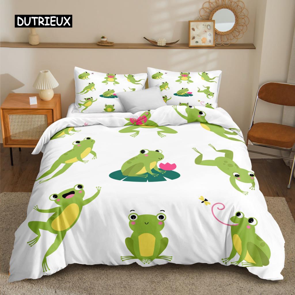 Комплект постельного белья с изображением животных лягушек размера King Queen, зеленый, милый комплект постельного белья с изображением лягушек из мультфильма для детей, женщин, украшения для спальни