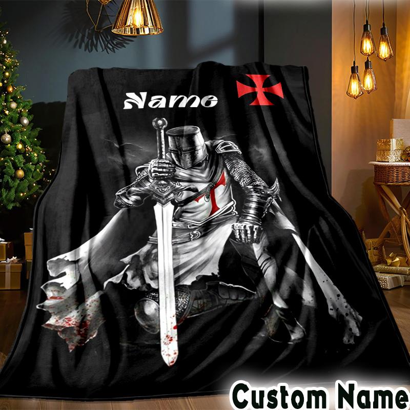 Custom Name Knightly Valor Chivalry Throws Blanket Flannel Blankets for Couch Bed Gifts for Men Women Picnic blanket Christmas fan gifts