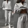 Women Fashion Sport 2-piece Set Casual Long-sleeve Half-high Lapel Zipper Hoodie Pocket Trousers Loose Suit Lady Pants Outfits